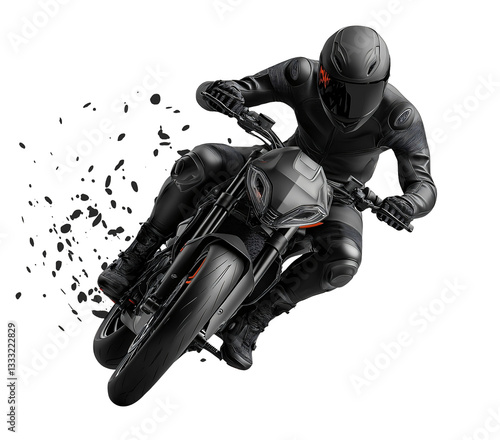 Dynamic motorcycle rider skillfully navigating sharp turn on a sleek black bike during an adrenaline-filled ride