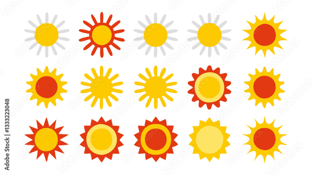 Collection of Flat Sun Icons Diverse Styles and Colors for Design Projects Collection of Flat Sun Icons Diverse Styles and Colors for Design Projects