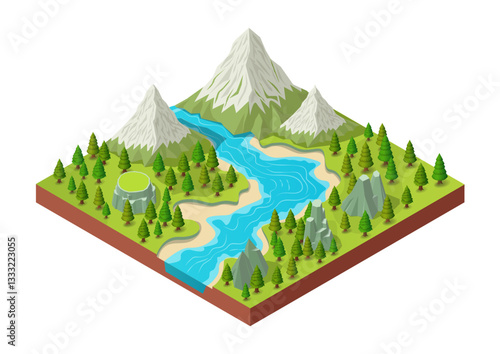 Isometric beautiful snowy mountain with natural river