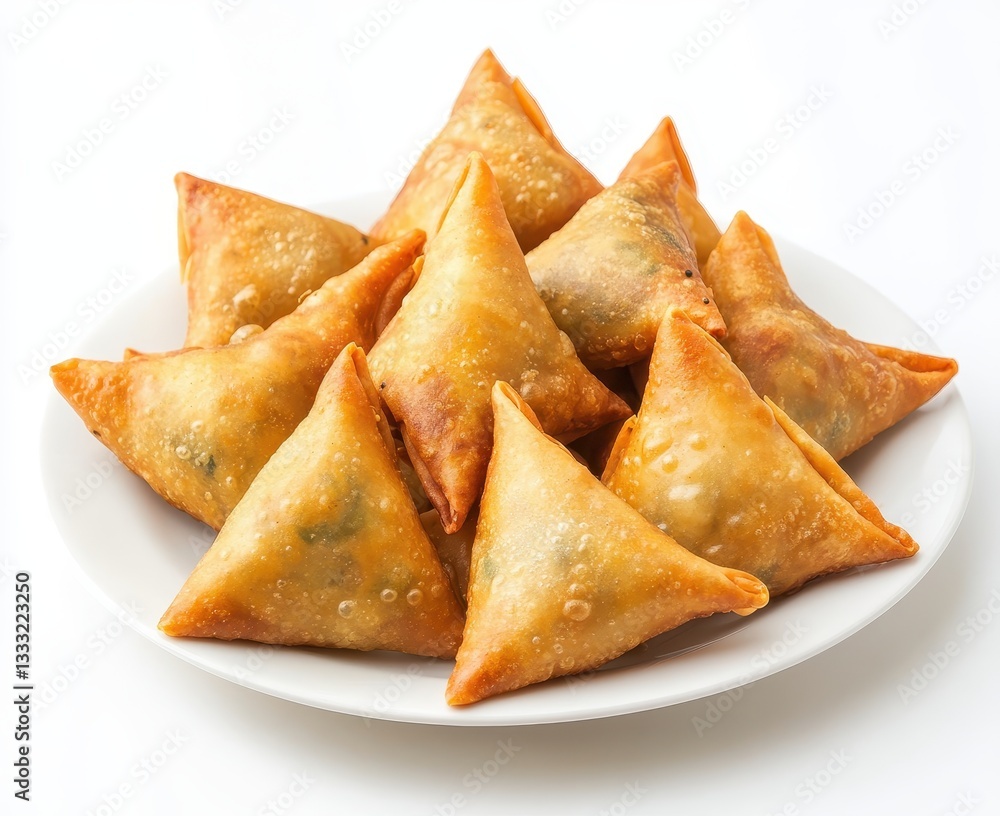 Crispy golden-brown samosas arranged neatly on a white plate, showcasing a popular savory snack perfect for appetizers or party platters Crispy golden-brown samosas arranged neatly on a white plate, showcasing a popular savory snack perfect for appetizers or party platters