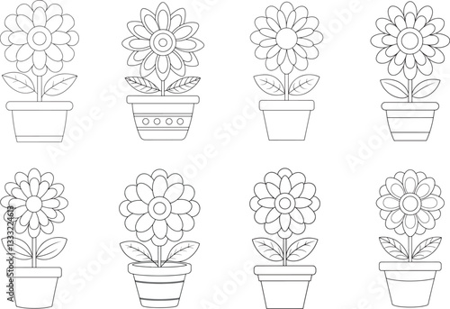 Delightful Daisy Blossoms In Simple Flowerpots, A Charming Coloring Page Design With Clean Line Art