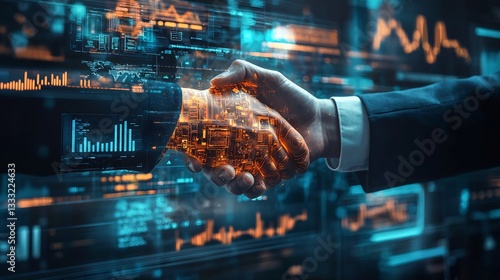 Business partnership handshake with a digital holographic interface futuristic business setting global trade and technology theme