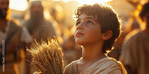 Young israelite holding wheat celebrating passover with community