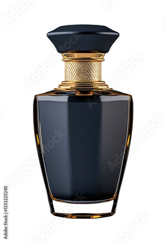 Elegant dark perfume bottle with gold accents displayed against a plain background