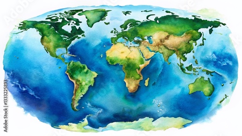 Vibrant Watercolor Earth: Americas, Oceans & Lush Continents - Rule of Thirds Composition