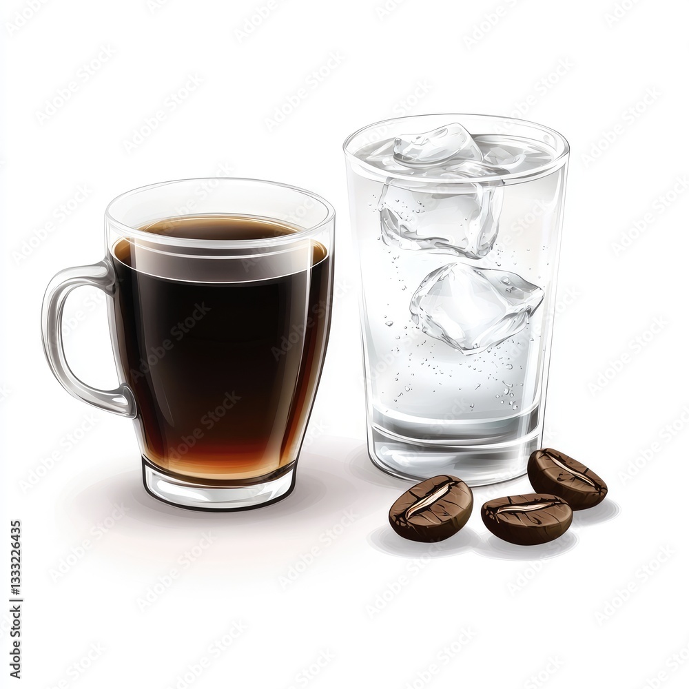 Refreshing Iced Coffee Break Glass Mug, Water, Ice Cubes, Beans Refreshing Iced Coffee Break Glass Mug, Water, Ice Cubes, Beans
