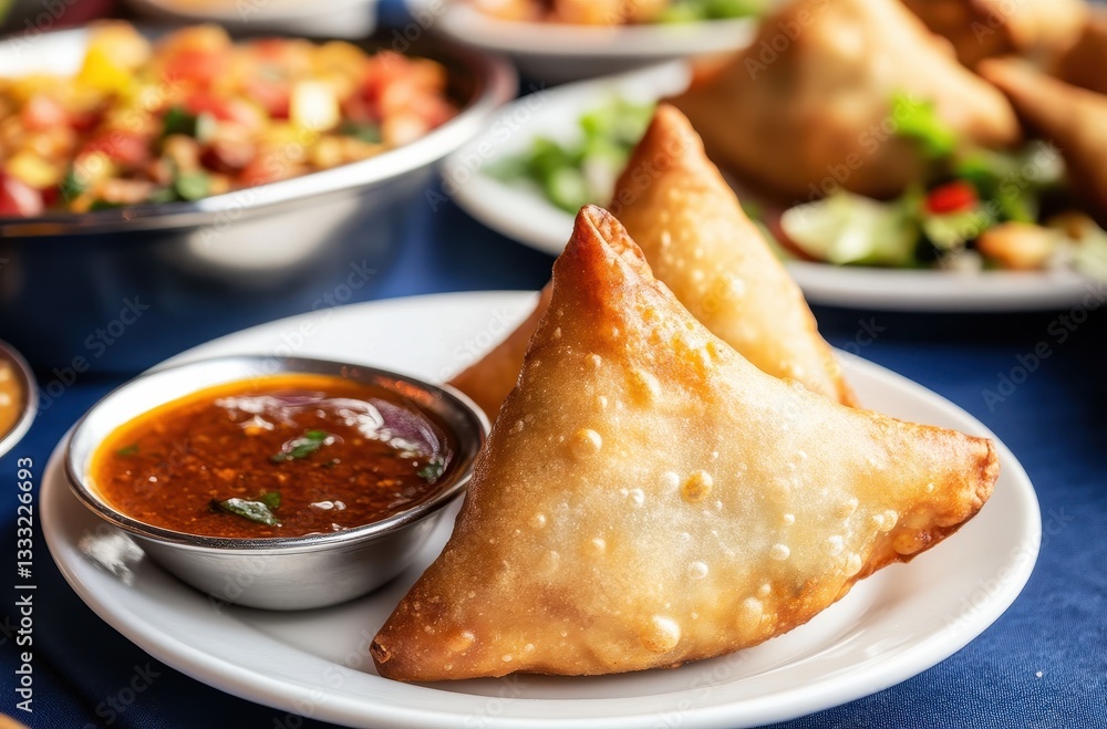 Crispy Samosas Served with Spicy Tamarind Sauce on a Plate Surrounded by Fresh Ingredients and Colorful Dishes in a Warm Atmosphere Crispy Samosas Served with Spicy Tamarind Sauce on a Plate Surrounded by Fresh Ingredients and Colorful Dishes in a Warm Atmosphere