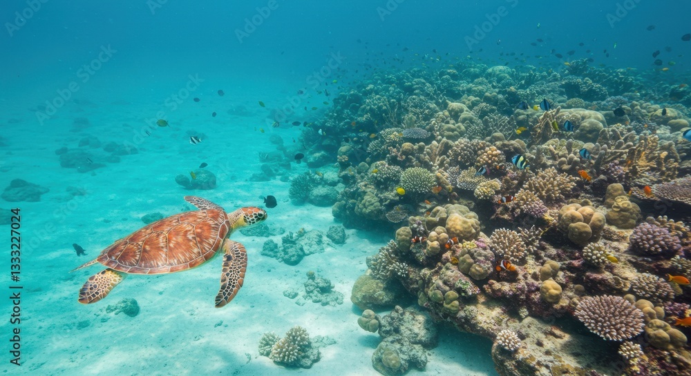 Fototapeta premium Underwater Paradise: Majestic Sea Turtle Gracefully Swimming Near Vibrant Coral Reef in Tropical Ocean