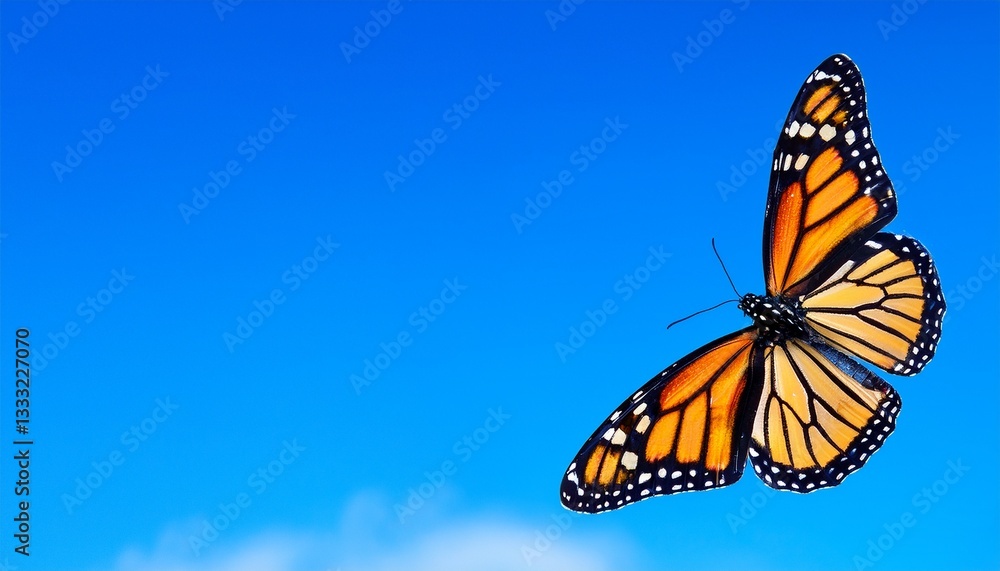 Fototapeta premium 青空に浮かぶチョウが静かにとまる。羽の繊細な模様が映え、背景との調和と広いコピースペースが穏やかな印象を与えるデザイン。 