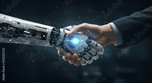 Apretón de manos entre humanos y robots de IA: concepto de tecnología del futuro