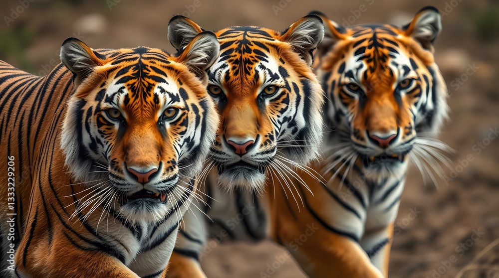 Fototapeta premium Three Tigers Standing Together in the Wild Watching Cautiously