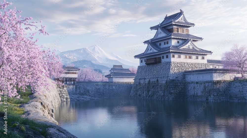 Traditional Architecture with Cherry Blossoms and Mountain Backdrop Traditional Architecture with Cherry Blossoms and Mountain Backdrop