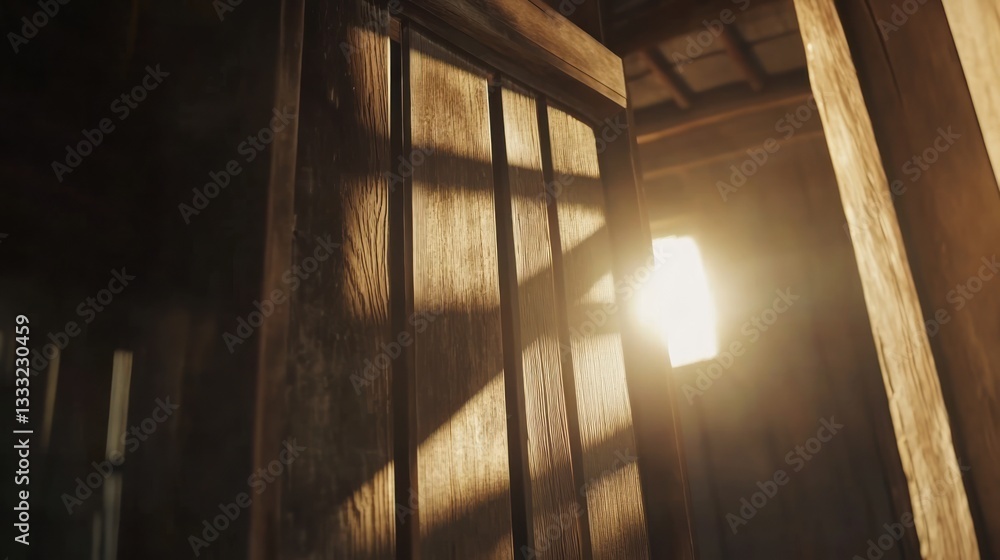 Sunlight Streaming Through Wooden Slats Warm Glow Illuminating Interior Space Cozy Atmosphere Sunlight Streaming Through Wooden Slats Warm Glow Illuminating Interior Space Cozy Atmosphere