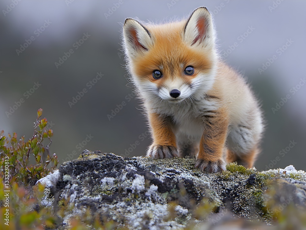 Fototapeta premium A cute baby fox curiously exploring its natural environment in a playful manner with bright eyes and fluffy fur