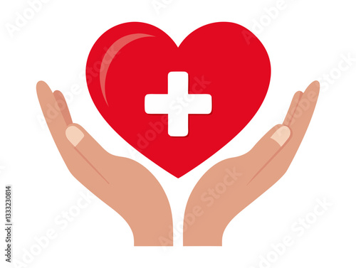 Two hands gently cupping a red heart with a white medical cross symbol in the center. It conveys themes of care, health, and medical support.