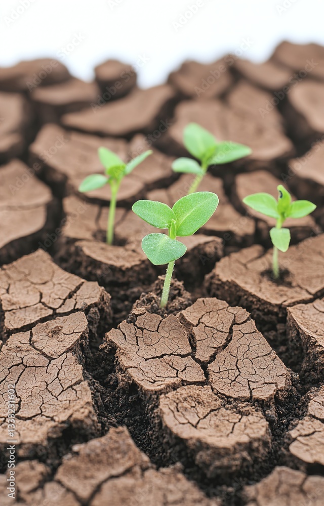 Parched Earth with cracks and some green seedlings Parched Earth with cracks and some green seedlings