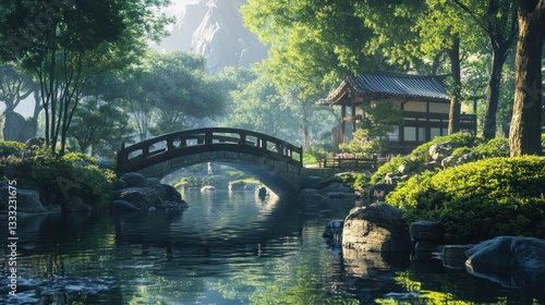 Serene Asianstyle Garden with Bridge and Pavilion