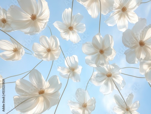 Delicate White Flowers Against a Soft Blue Sky Creating a Peaceful and Serene Atmosphere for Nature and Floral Photography