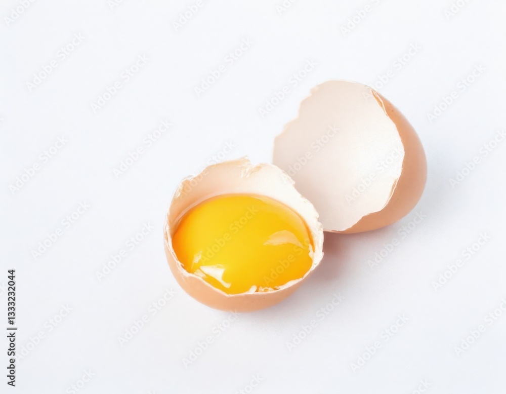 Cracked chicken egg with yolk isolated on a white background Cracked chicken egg with yolk isolated on a white background