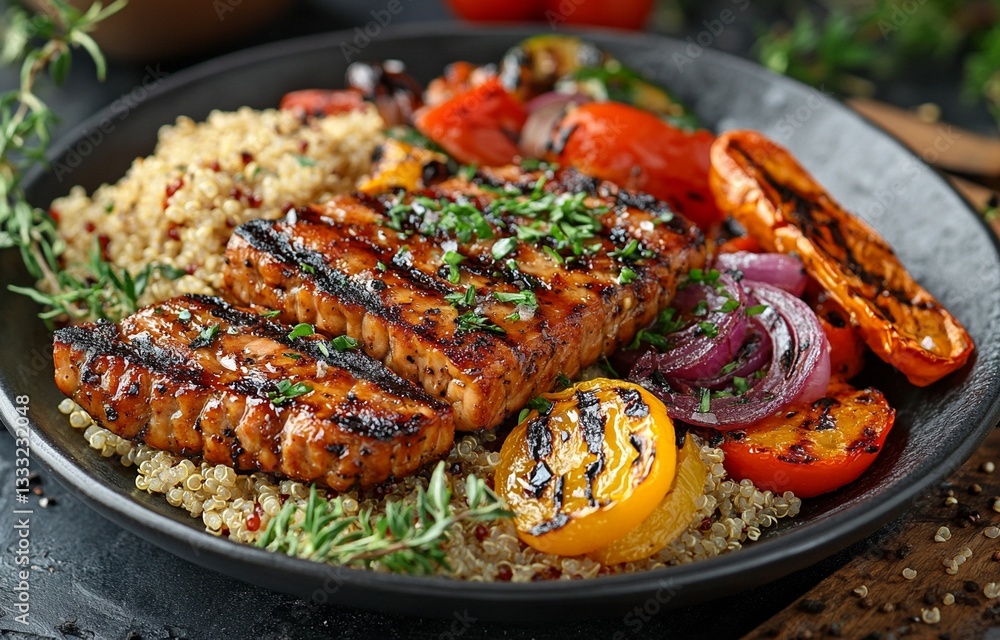 Tempeh steak served with quinoa and grilled veggies. Tempeh steak served with quinoa and grilled veggies.