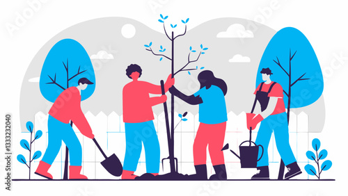 Group of people planting a tree together, illustrating teamwork and environmental action.