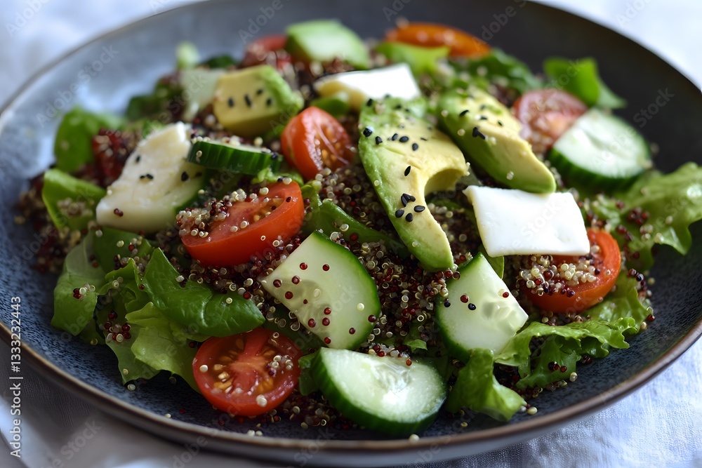 Delicious Quinoa Salad with Avocado, Tomato, Cucumber, and Cheese Delicious Quinoa Salad with Avocado, Tomato, Cucumber, and Cheese