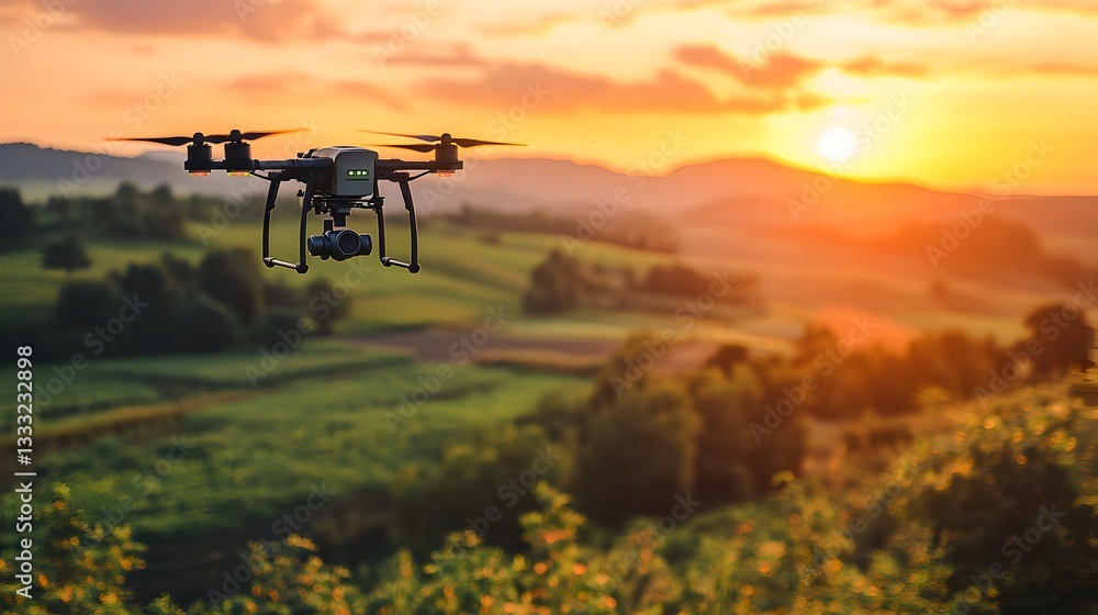 Aerial view of drone flying over an expansive agricultural field showcasing innovative farming technology and landscape Aerial view of drone flying over an expansive agricultural field showcasing innovative farming technology and landscape