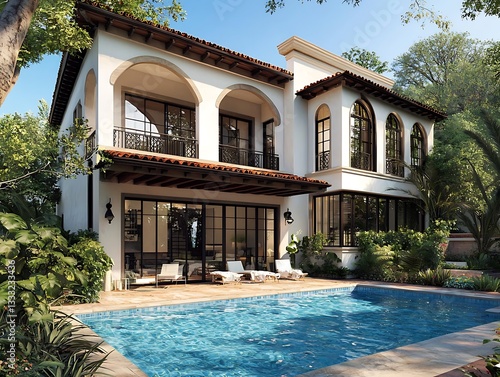 Beautiful modern Spanish home exterior with pool