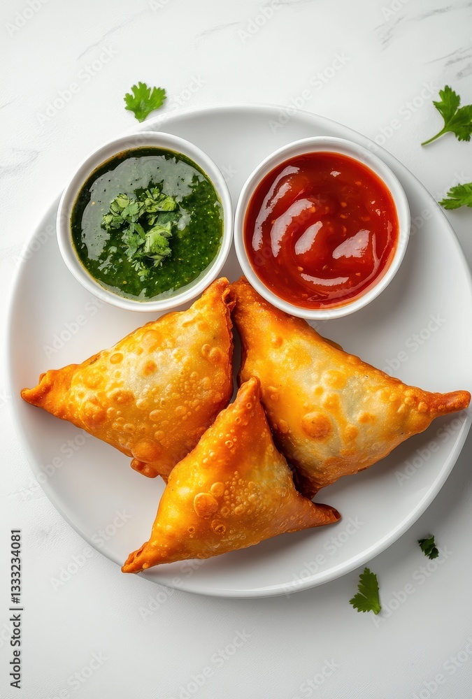 Delicious and Crispy Samosas Served with Green Chutney and Red Sauce on a White Plate for a Perfect Snack or Appetizer Delicious and Crispy Samosas Served with Green Chutney and Red Sauce on a White Plate for a Perfect Snack or Appetizer