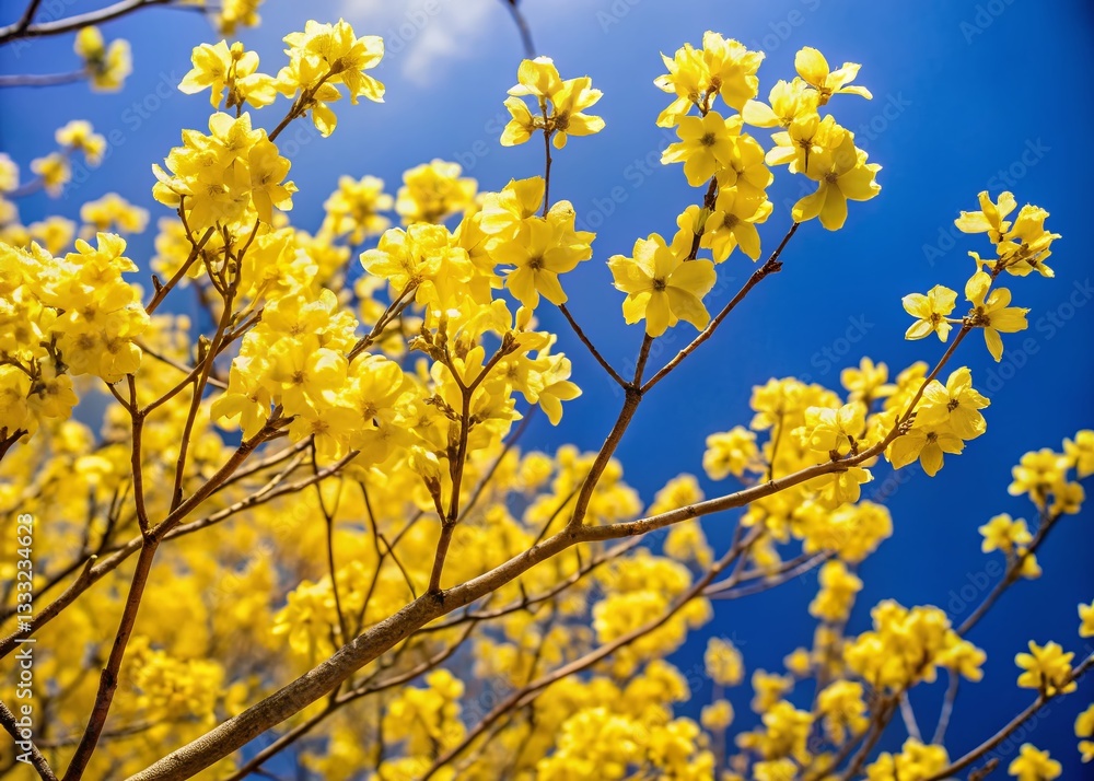 Vibrant Yellow Dogwood Blossoms Against a Clear Blue Sky - Spring Nature Stock Photo Vibrant Yellow Dogwood Blossoms Against a Clear Blue Sky - Spring Nature Stock Photo