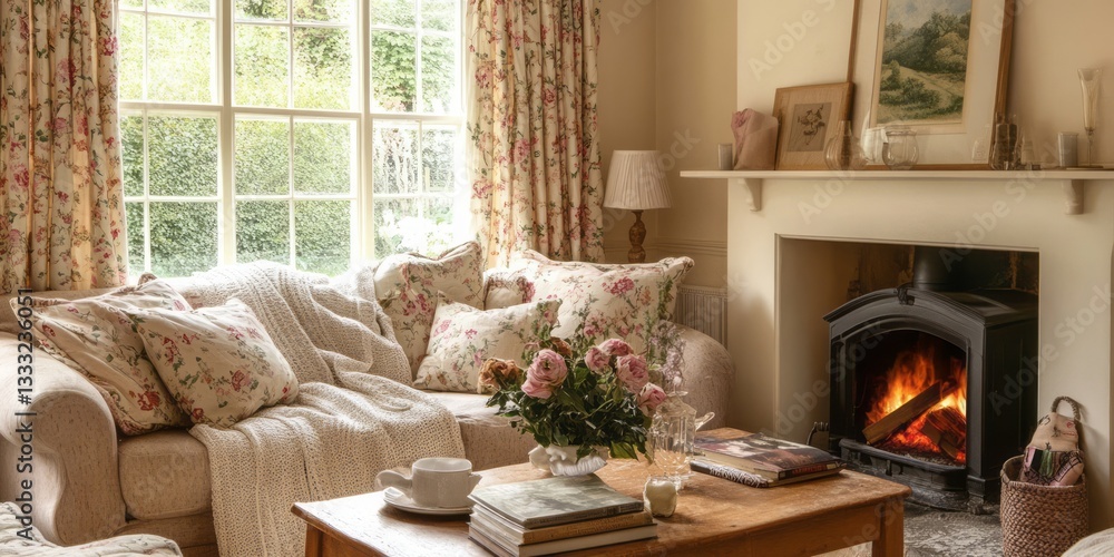 Fototapeta premium Cozy living room interior featuring furniture and a lit fireplace