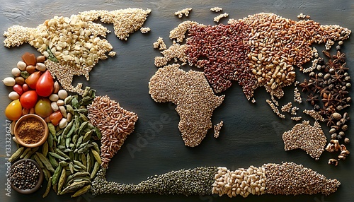 Seeds & Grains Forming World Map on Dark Surface photo