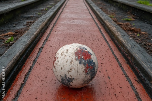 Worn Ball on Rustic Track for Outdoor Game.