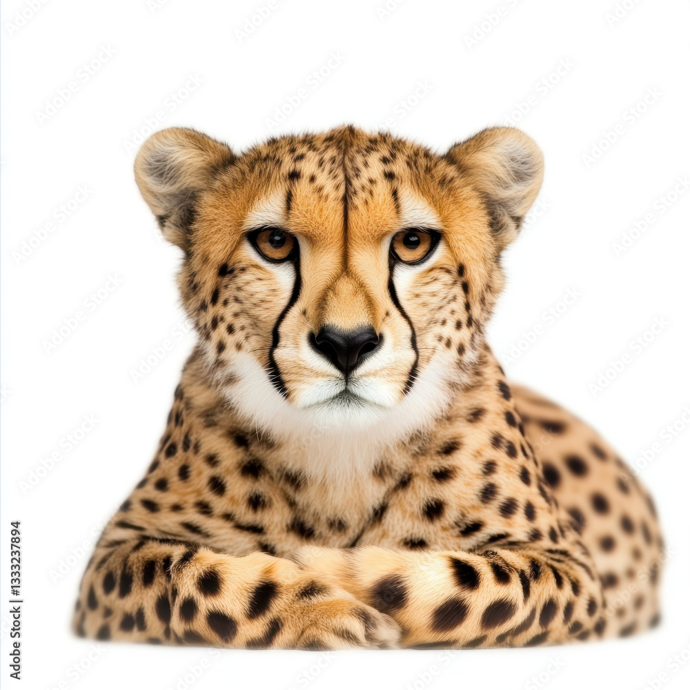 Regal cheetah resting and observing with intense stare Regal cheetah resting and observing with intense stare