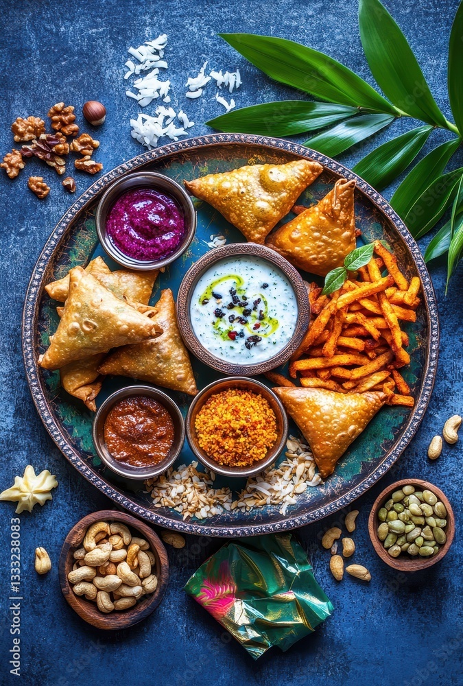 Delicious Assorted Indian Snacks Platter with Samosas, Dips, Nuts, and Colorful Ingredients on a Vibrant Blue Background Delicious Assorted Indian Snacks Platter with Samosas, Dips, Nuts, and Colorful Ingredients on a Vibrant Blue Background