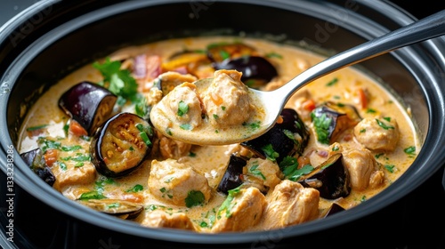 Wallpaper Mural Delicious Spoonful of Spicy Chicken Curry on Wooden Table with Herbs Torontodigital.ca