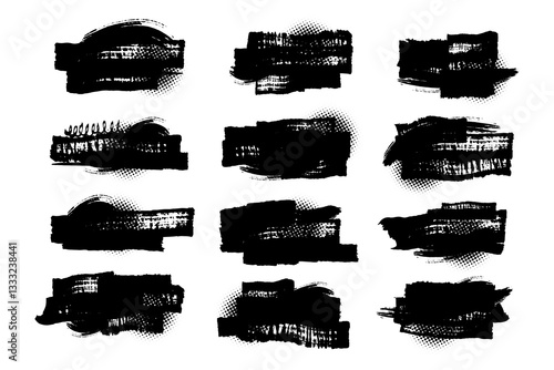 Collection of vector paint brush stroke, ink splatter, grunge line and artistic design elements. Dirty overlay, watercolor splash, black silhouette and torn paper set. EPS