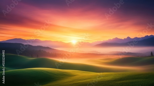 A breathtaking sunrise over rolling hills, with vibrant colors painting the sky and mist gently enveloping the landscape, ideal for nature themes, travel articles, or relaxation concepts,