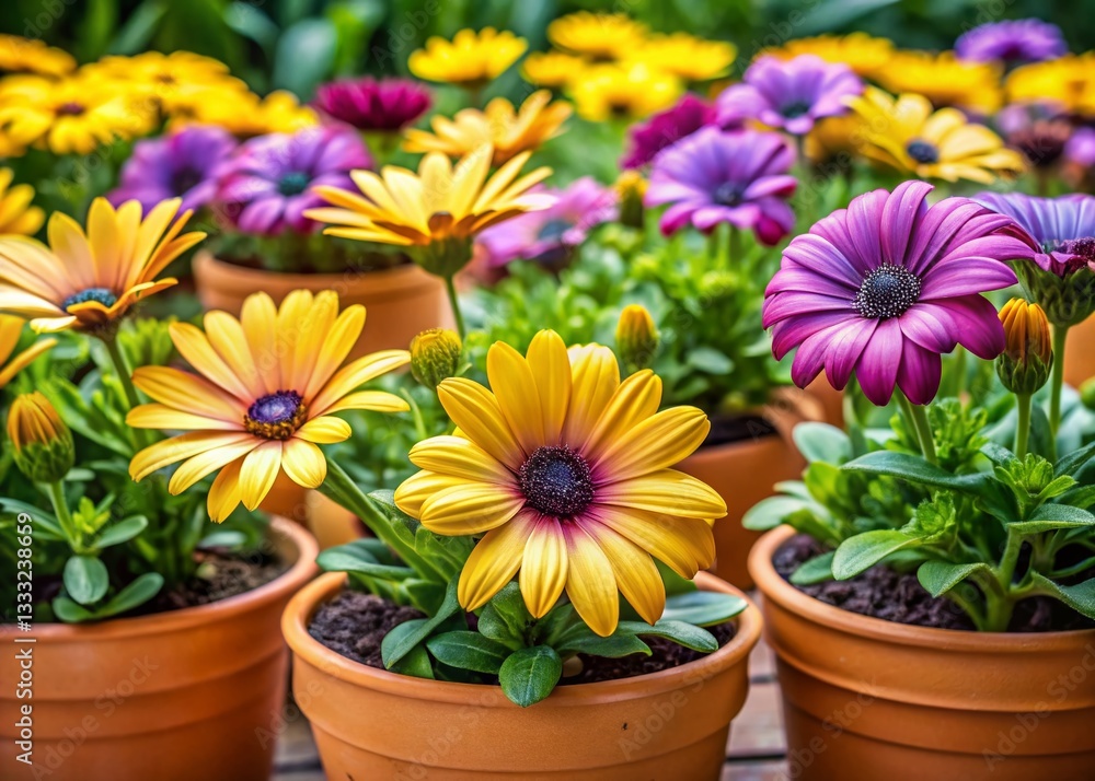 Vibrant Yellow & Purple African Daisies in Garden Center Pots - Spring Planting Ideas Vibrant Yellow & Purple African Daisies in Garden Center Pots - Spring Planting Ideas