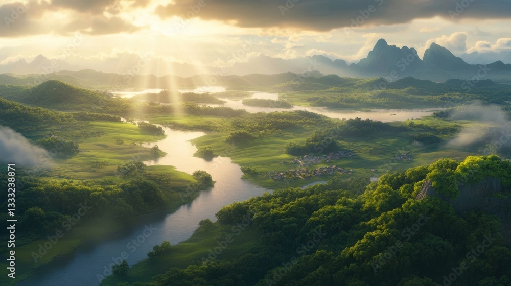 Obraz premium A stunning aerial view of a lush green valley with a winding river, bathed in warm sunlight filtering through clouds, Ideal for travel, nature