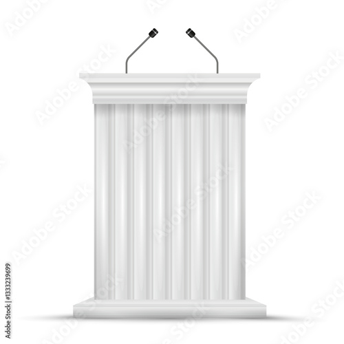 Tribune podium rostrum. Orator pulpit speech stand. Press or debate speaker stage. American elections. 3D realistic vector illustration isolated on white.