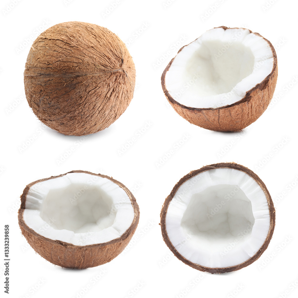 Set of fresh coconuts isolated on white Set of fresh coconuts isolated on white