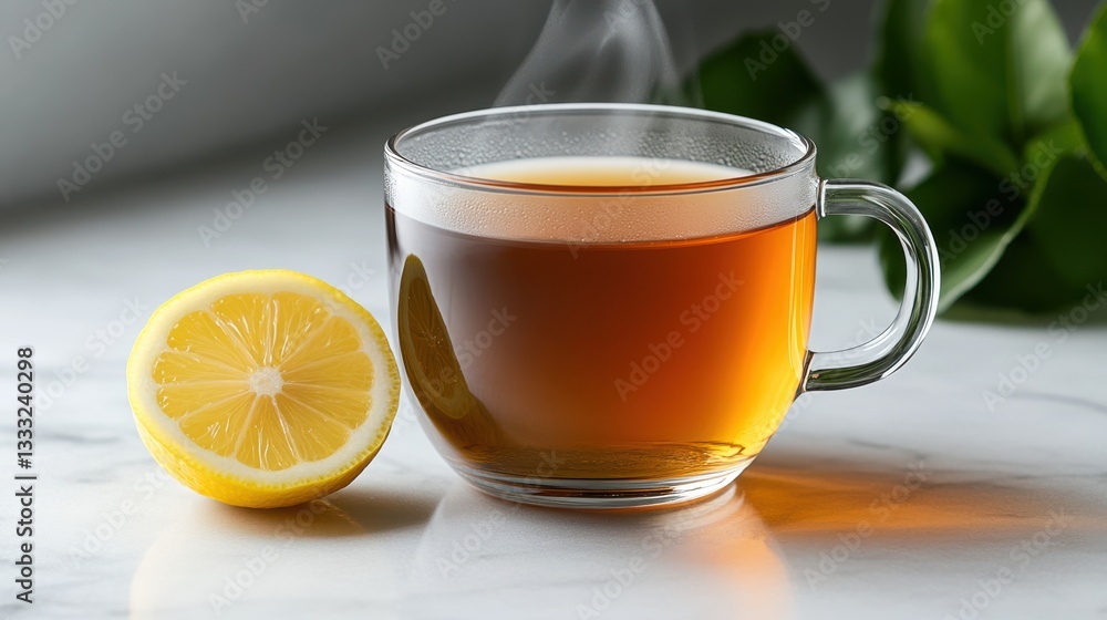 Warm Cup of Tea with Fresh Lemon Slice Inviting Relaxation and Comfort Warm Cup of Tea with Fresh Lemon Slice Inviting Relaxation and Comfort