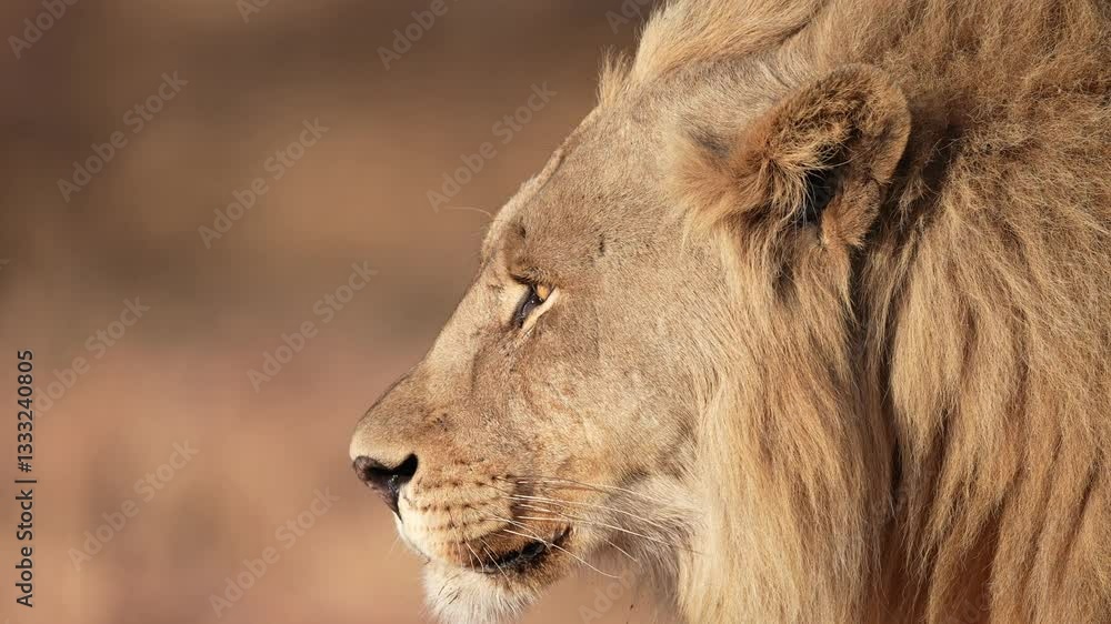African Lion (Panthera leo) on the hunt. Great profile view of mature male. Slow motion, 25 percent natural speed.