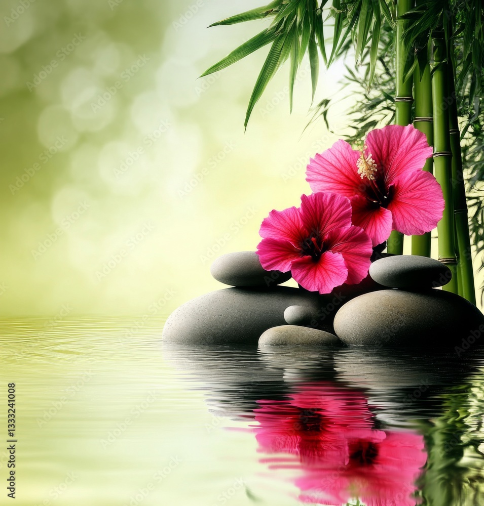 The serene beauty of natural elements: red hibiscus, stones, and bamboo. The serene beauty of natural elements: red hibiscus, stones, and bamboo.