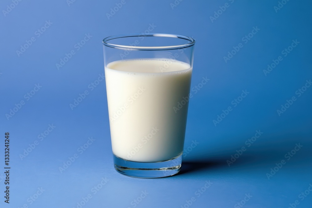 A clear glass displays fresh milk against a blue background A clear glass displays fresh milk against a blue background
