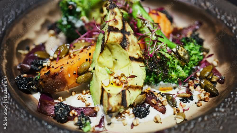 Close up of a salad with grilled avocado, sweet potato and broccoli on a plate at a restaurant Close up of a salad with grilled avocado, sweet potato and broccoli on a plate at a restaurant