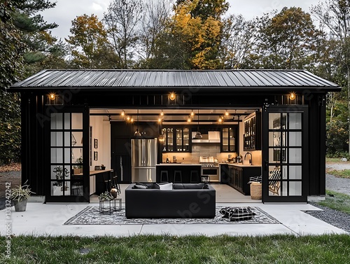 Contemporary black and white barndominium with spacious outdoor entertainment space
