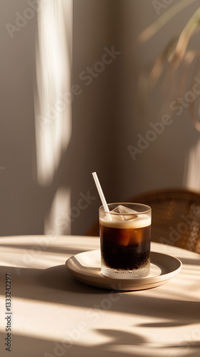 Glass of iced coffee on table in warm sunlight with cozy interior background