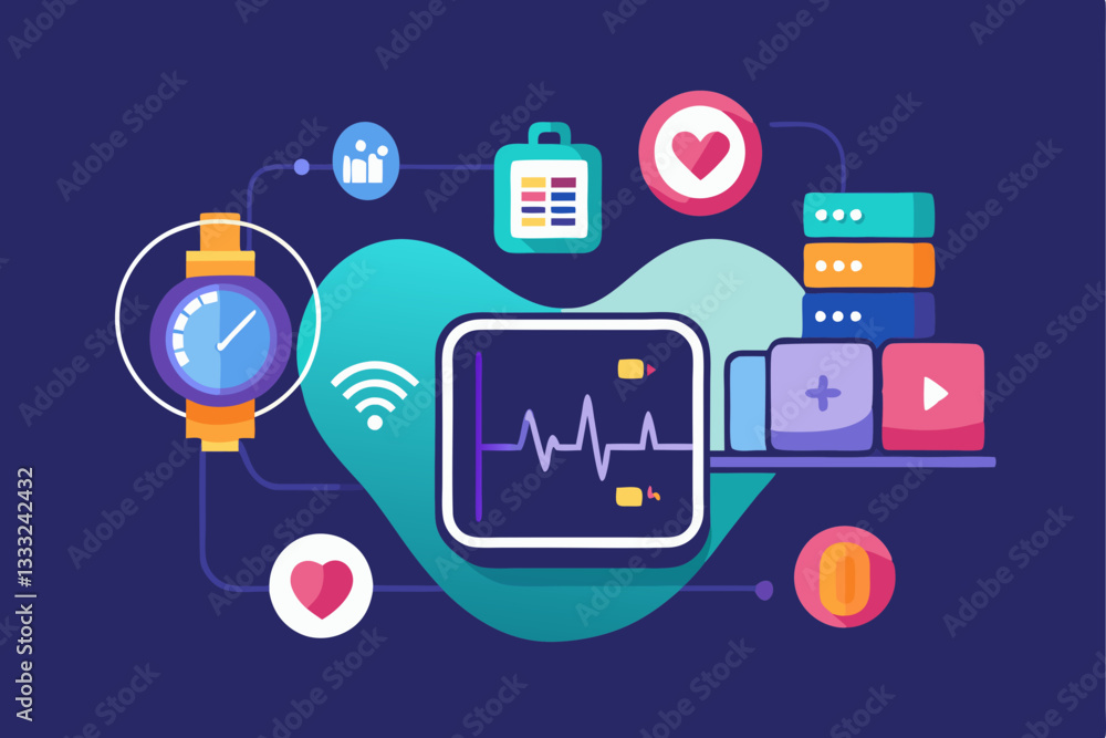 Digital health illustration with a heart rate monitor display, smartwatch, and various health-related icons. Digital health illustration with a heart rate monitor display, smartwatch, and various health-related icons.